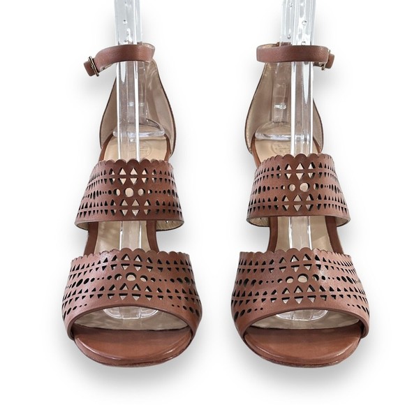 Tory Burch Dress Sandal 8.5 Shoe Brown Leather Gladiator Wedge Heel Perforated - Picture 3 of 9